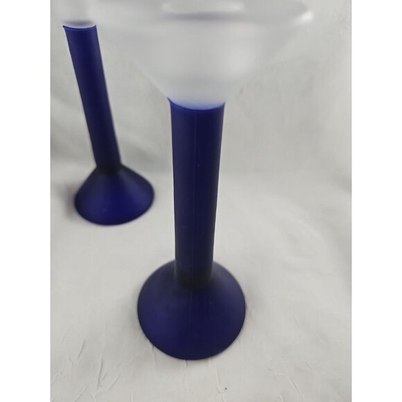 Frosted Cobalt Blue Candlesticks 7in vtg satin glass hourglass colorblock 2pc - Picture 8 of 12